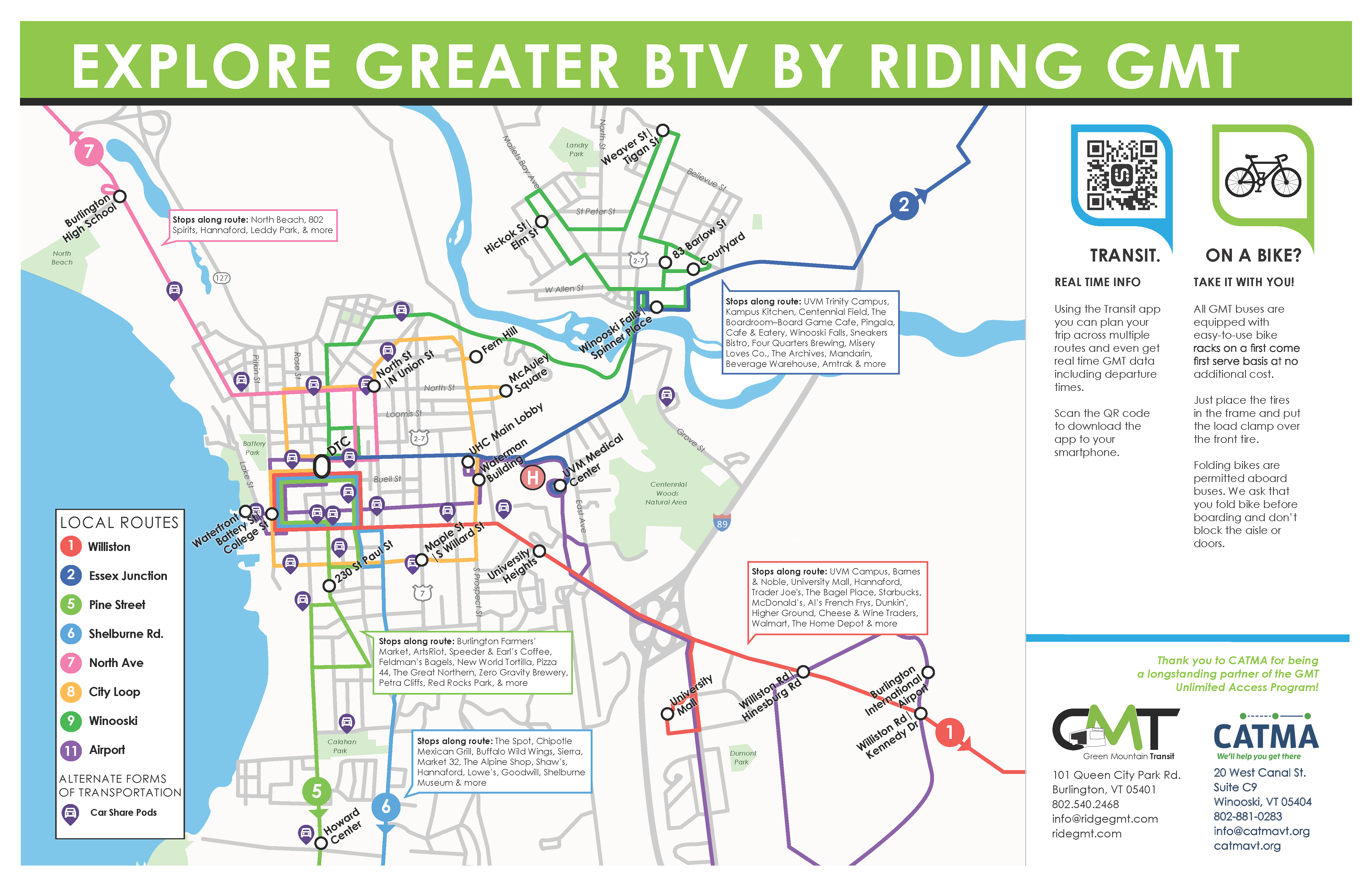Graphic map titled "Explore Greater BTV by Riding GMT". The map includes eight different local bus routes, each in a different color. 