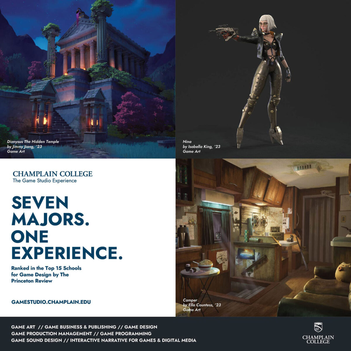 Collage of game art environments and characters created by Champlain students