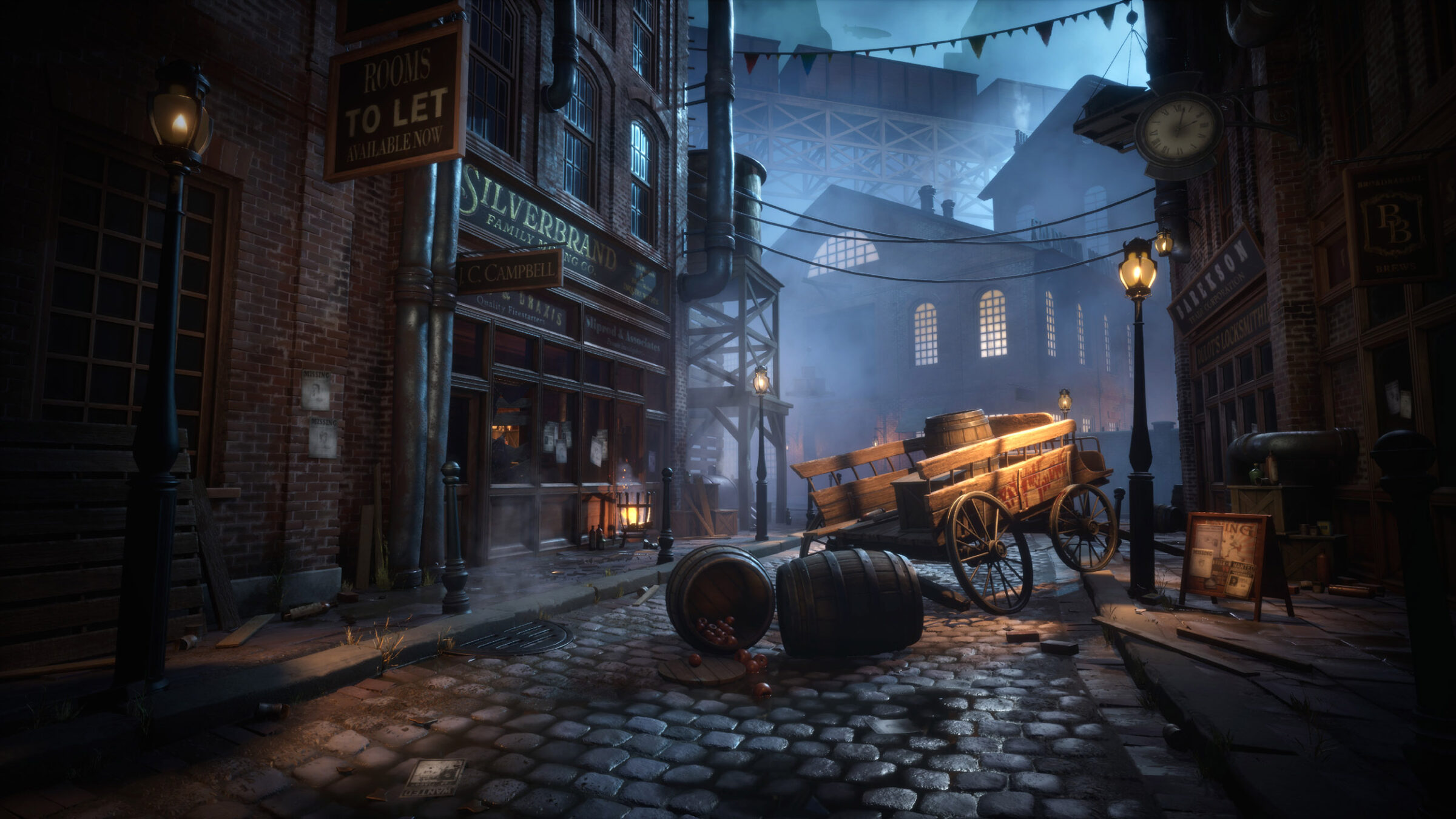 game art environment of Victorian era streetscape with a broken down cart in the street