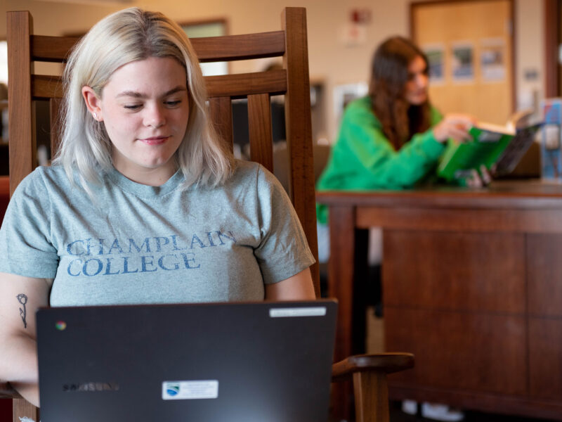 Student sitting in a rocking chair using a laptop, another student studies behind her