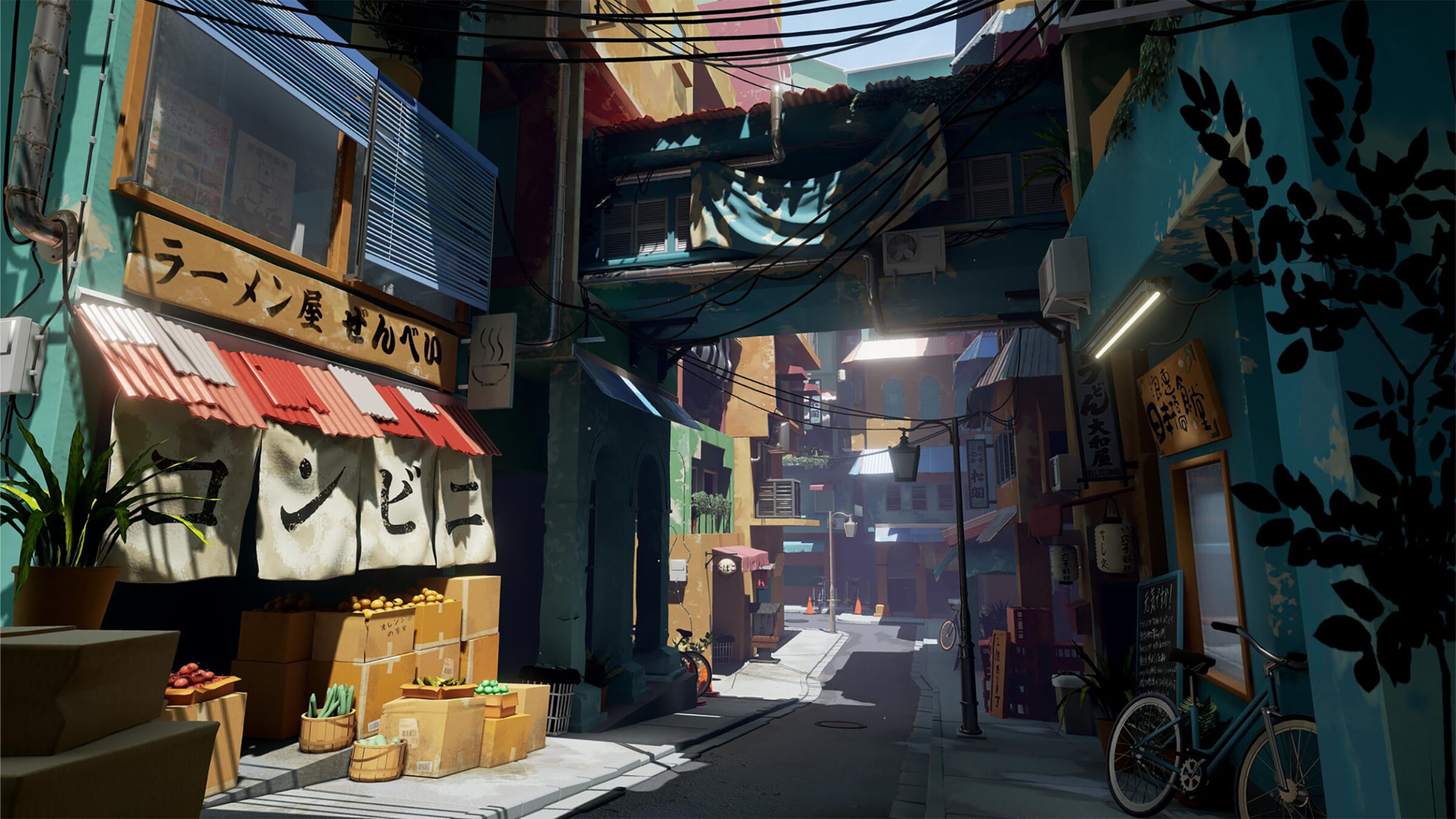 digital rendering of an alleyway scene for a game