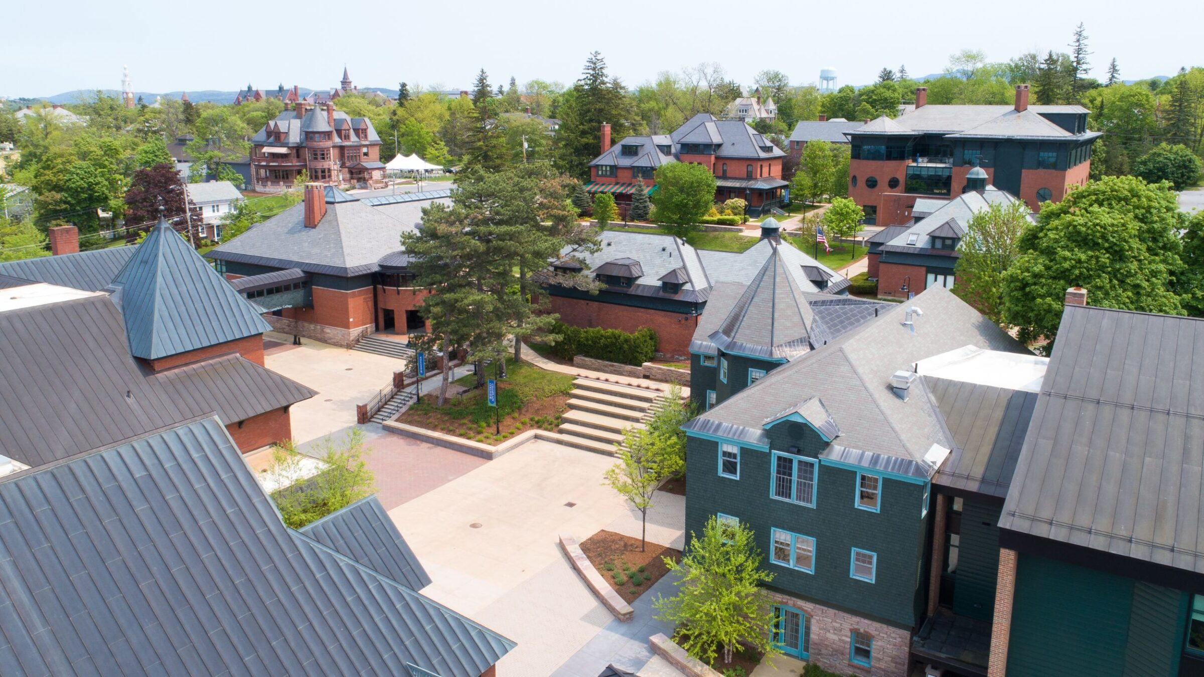 Birdseye view of campus from a drone