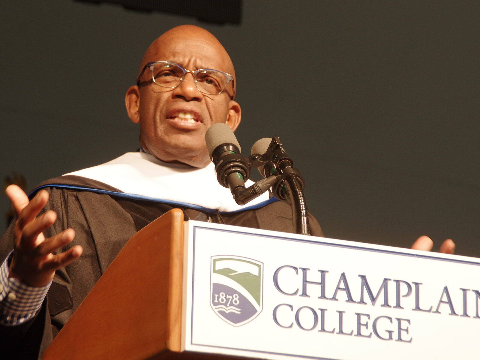 Al Roker addressing Champlain College commencement upon being awarded an honorary doctorate.
