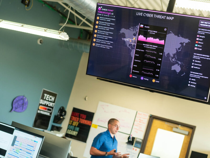 live cyber threat map on a large screen in the leahy center