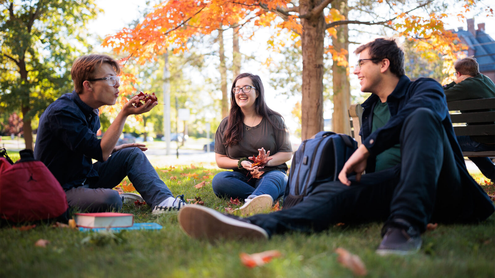 three students sitting on the grass after class, playing with the autumn leaves