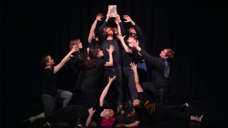 Students wearing black form a pyramid with their bodies, all holding a volume of Willard & Maple in the center