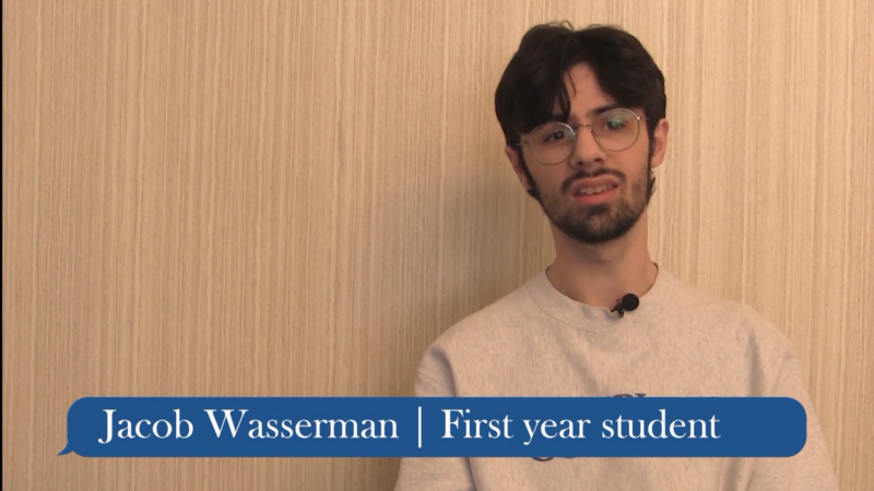 first-year student, Jacob Wasserman being interviewed about his opinions on the use of AI in classrooms