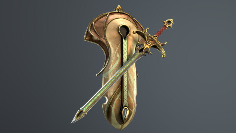 3d sword and shield design by a game art student