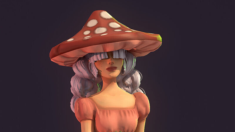 character design of a woodland girl with a mushroom hat by a game art student