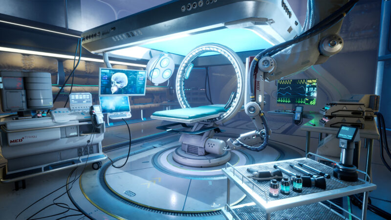 scene design inspired by a sci-fi medical operating room by a game art student