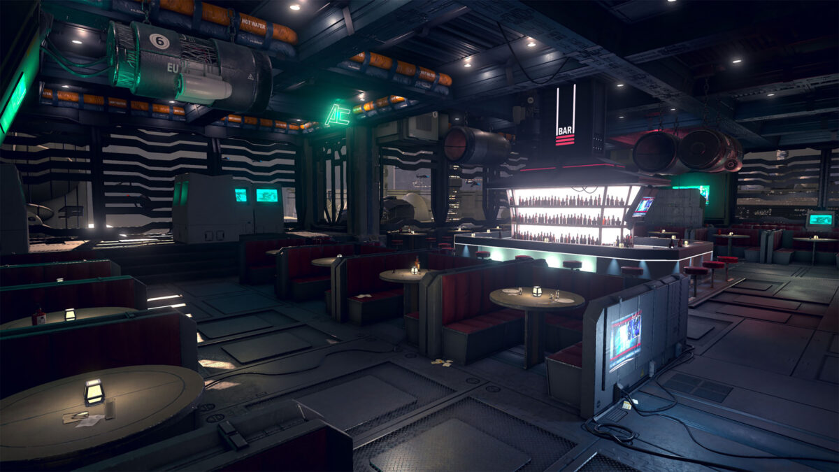 scene design inspired by a sci-fi sports bar by a game art student