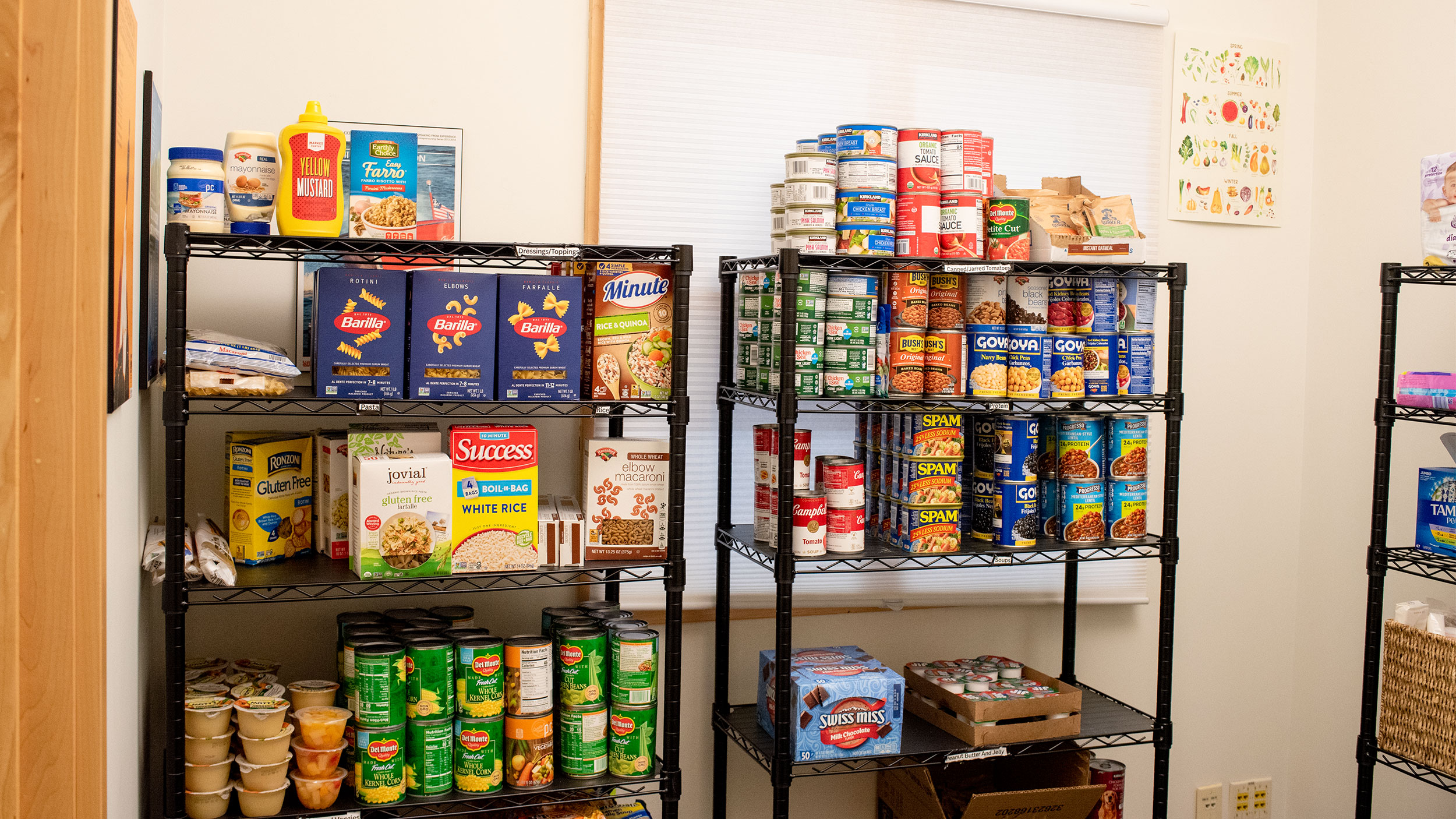 non-perishable food sits on two large shelves