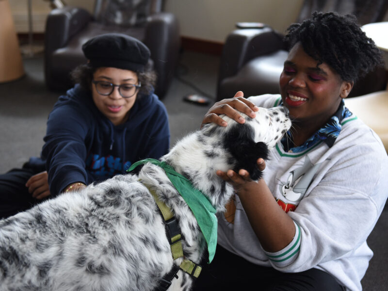 two students smile while petting a black and white spotted therapy dog in the SMART Space