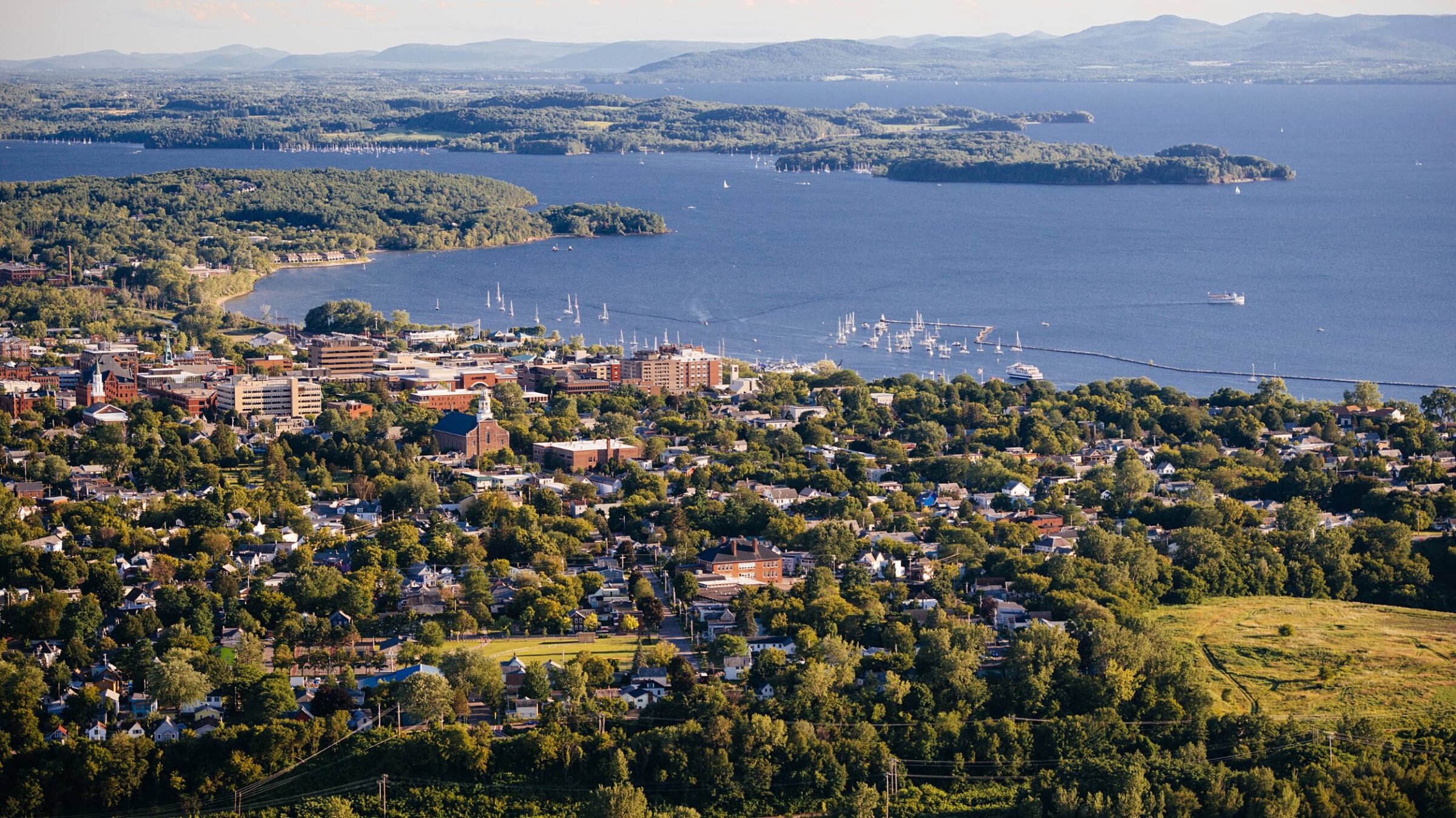 Aerial view of Lake Champlain and Burlington, Vermont