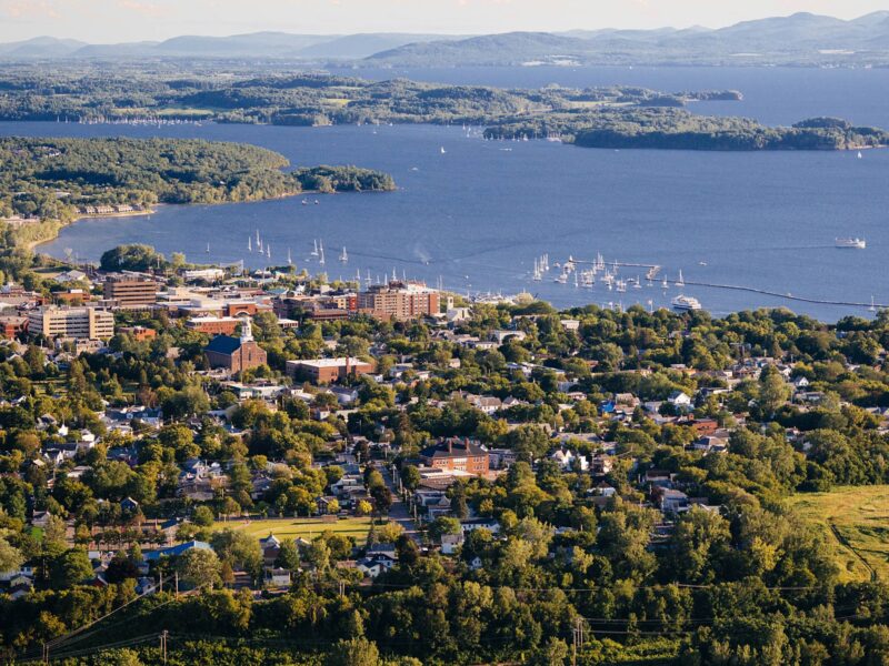 Aerial view of Lake Champlain and Burlington, Vermont