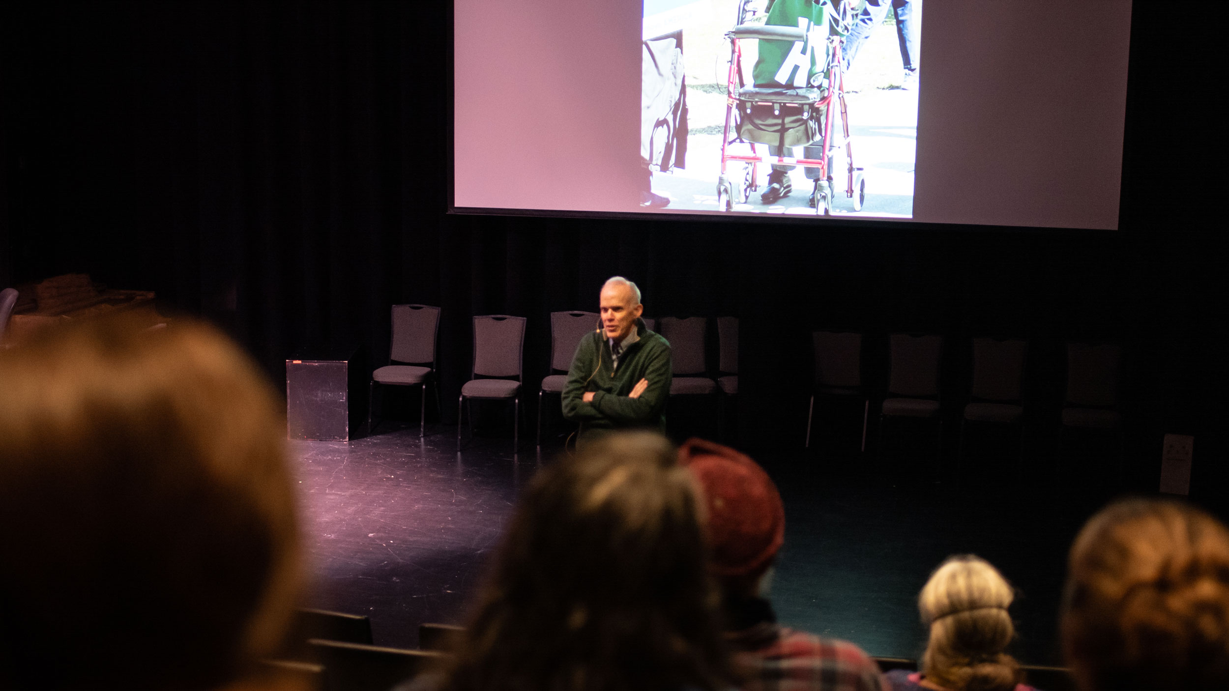 Bill McKibben speaks to an audience at Champlain College