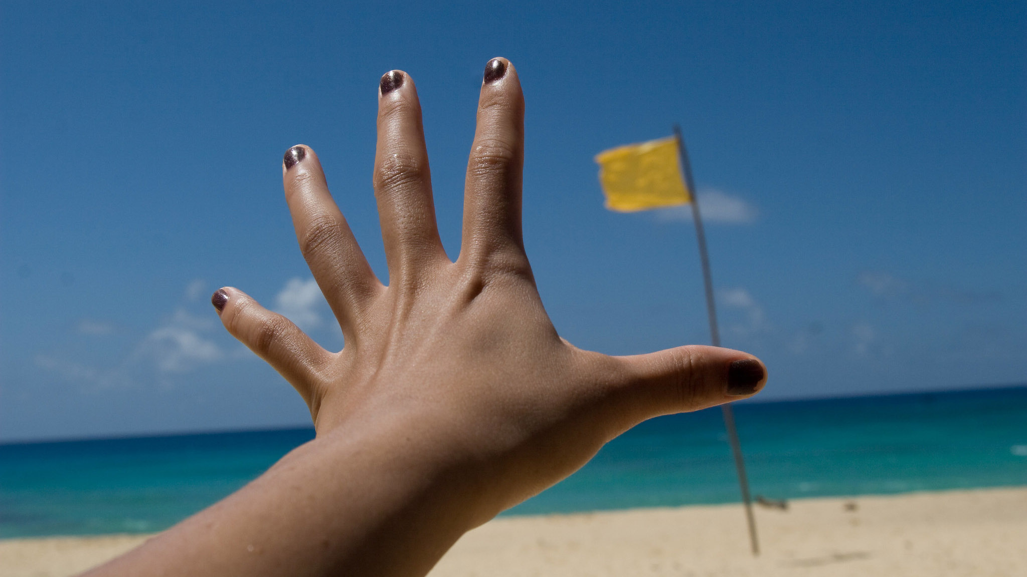 a hand reaching toward a flag on the beach