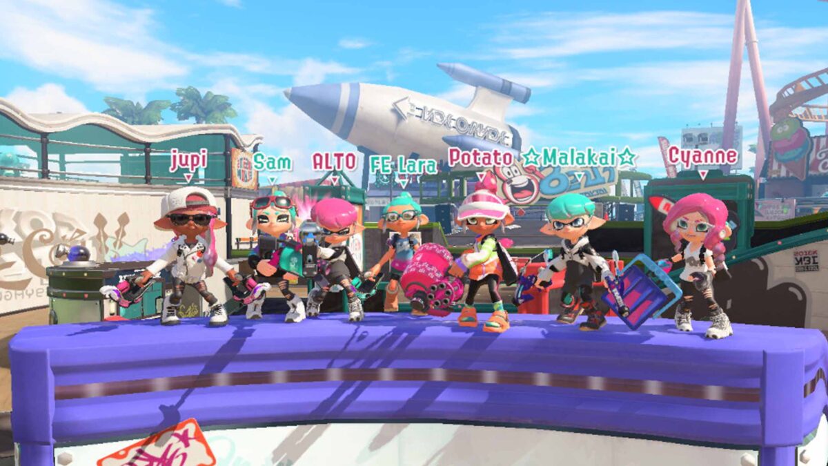 An in-game screenshot of members of the splatoon team at CCE