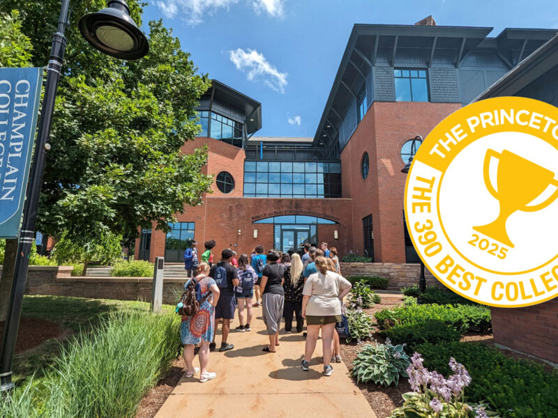 Champlain College tour in progress and a 2025 Best Colleges badge from the Princeton Review