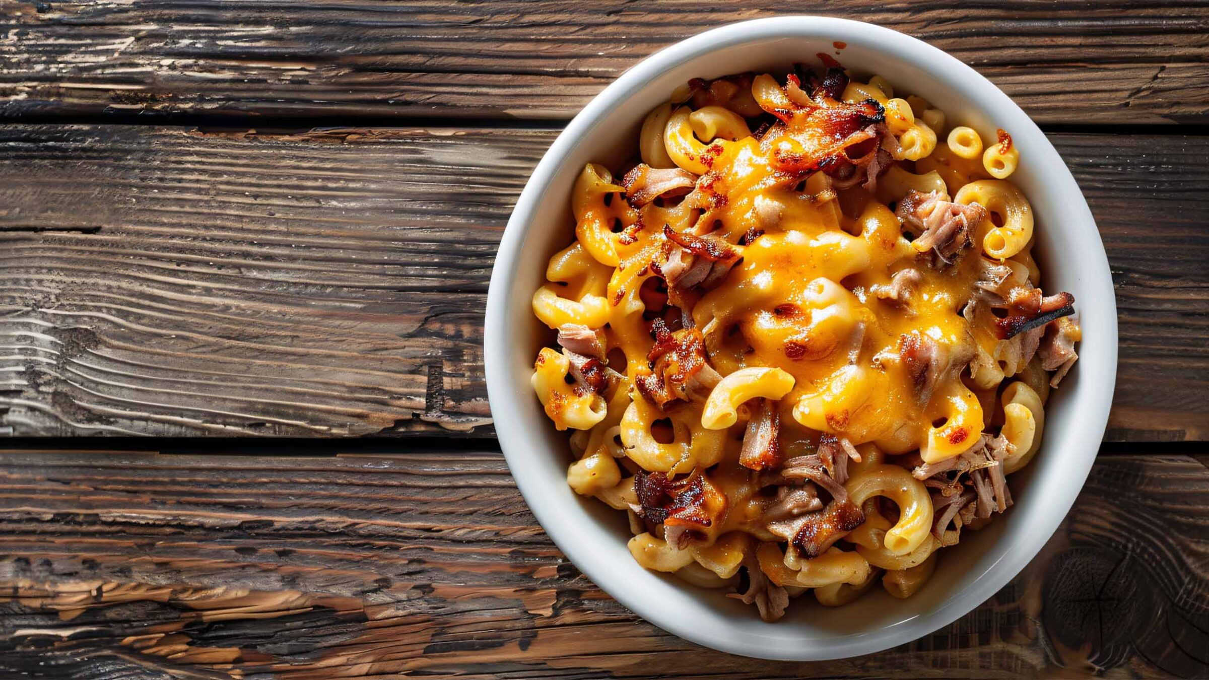 pulled pork and mac and cheese in a white bowl on a wooden table background