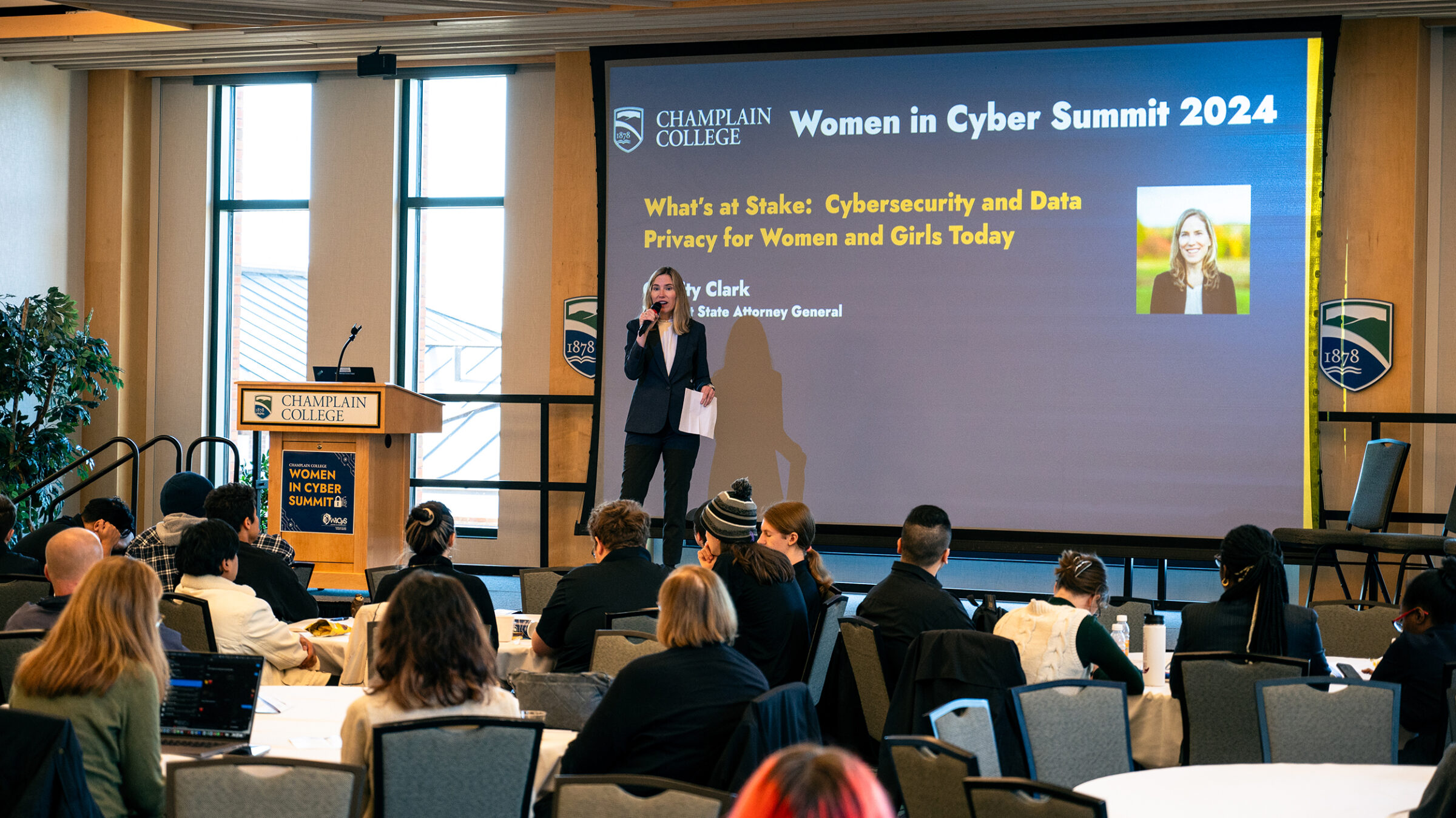 Vermont Attorney General Charity Clark speaks at the Women in Cyber Summit.