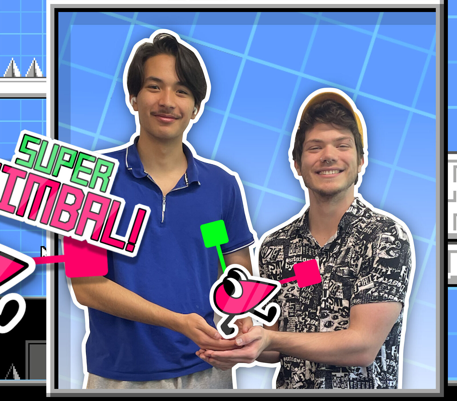 A collage of Super Gimbal graphics and game with two students in the center, holding a fake Super Gimbal.