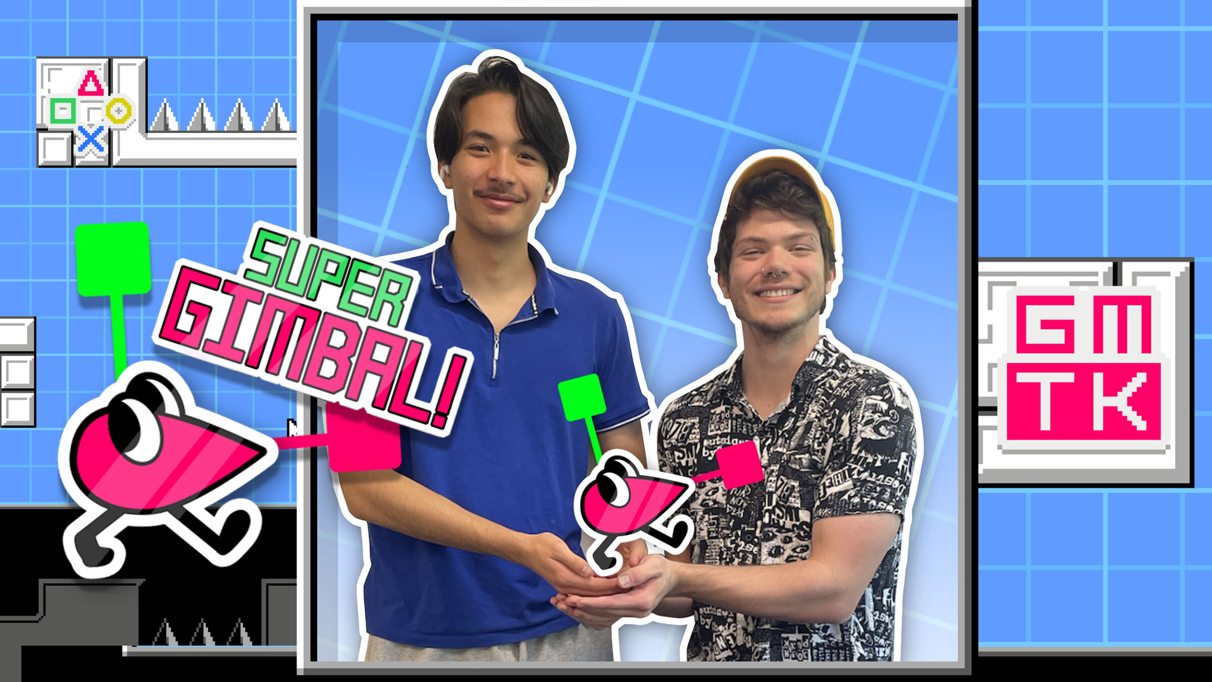 A collage of Super Gimbal graphics and game with two students in the center, holding a fake Super Gimbal.