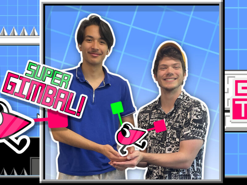 A collage of Super Gimbal graphics and game with two students in the center, holding a fake Super Gimbal.