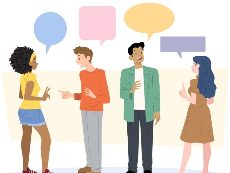 four animated characters/people talk to each other with speech bubbles above them