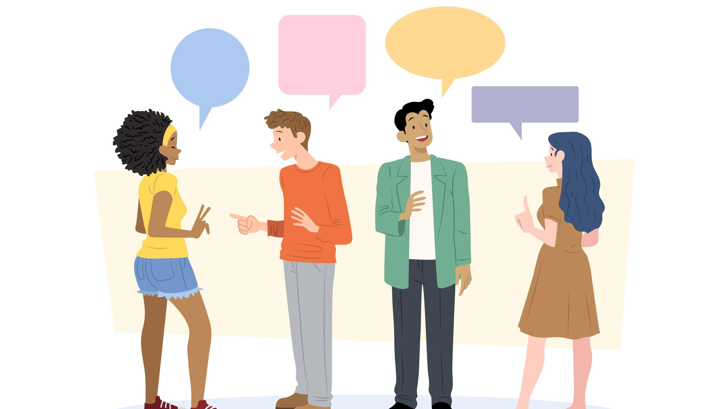 four animated characters/people talk to each other with speech bubbles above them