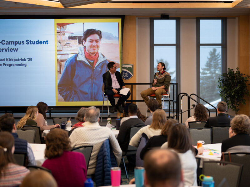 michael kirkpatrick and president hernandez sit on stage for a conversation