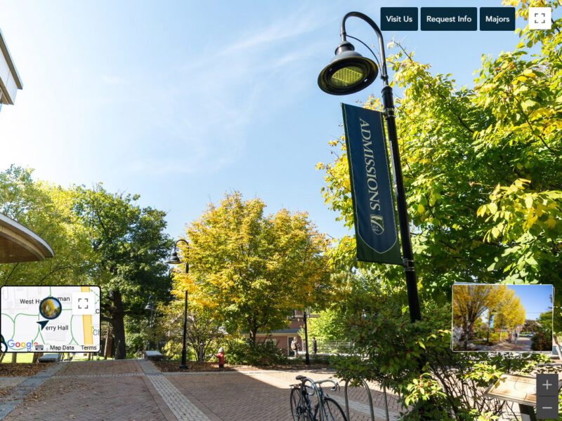 screen capture of the virtual tour with admissions area of campus an embedded google map and navigational buttons