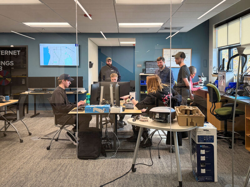 Interns collaborate at the Internet of Things Lab at the Leahy Center at Champlain College.